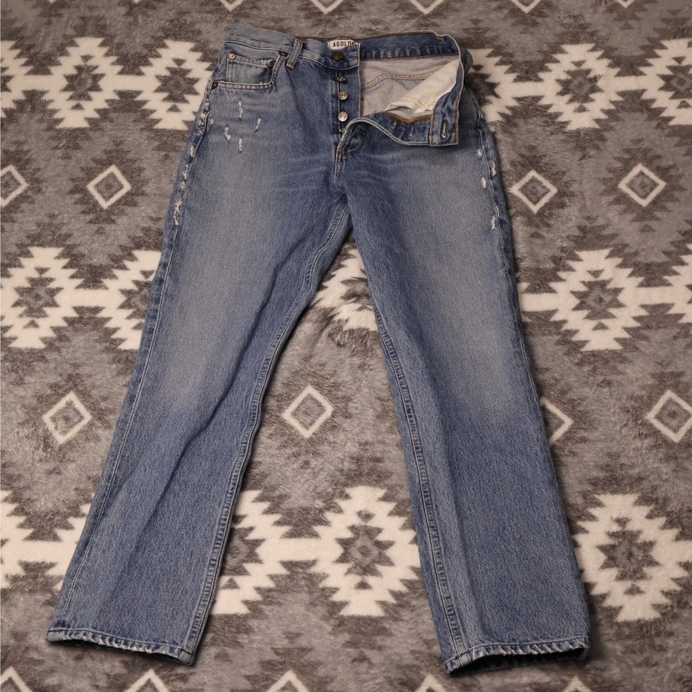AGOLDE Riley High Rise Straight Crop Jeans Blue Distressed A056-813 Size 26